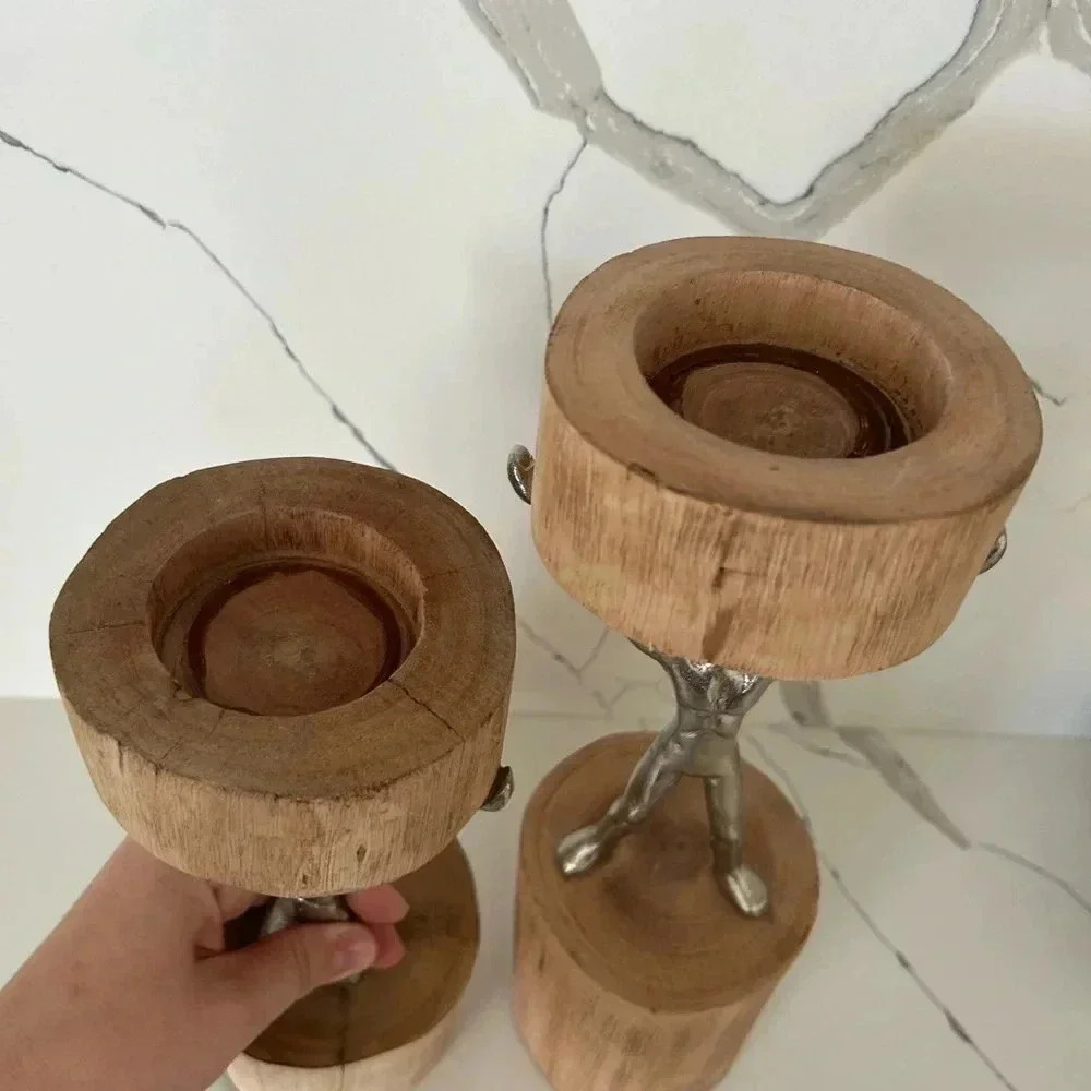 Set Of 2 PIER 1 WOODEN MAN CANDLE HOLDER Made In India - Picture 2 of 10